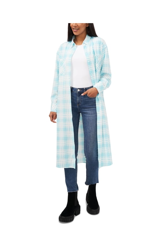 RILEY&RAE Womens Light Blue Ruffled Pocketed Slitted Button Down Plaid Cuffed Sleeve Point Collar Below The Knee Shirt Dress XS