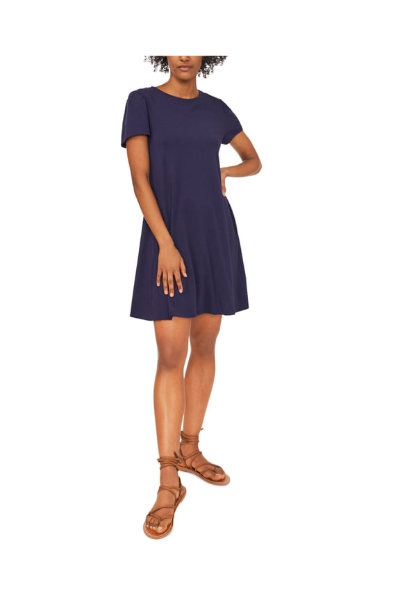 RILEY&RAE Womens Navy Stretch Ruched Pouf Sleeve Crew Neck Above The Knee Shift Dress S