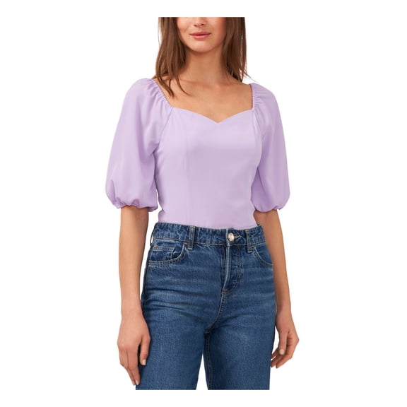 RILEY&RAE Womens Purple Smocked Pullover Unlined Square Back Pouf Sleeve Sweetheart Neckline Top S