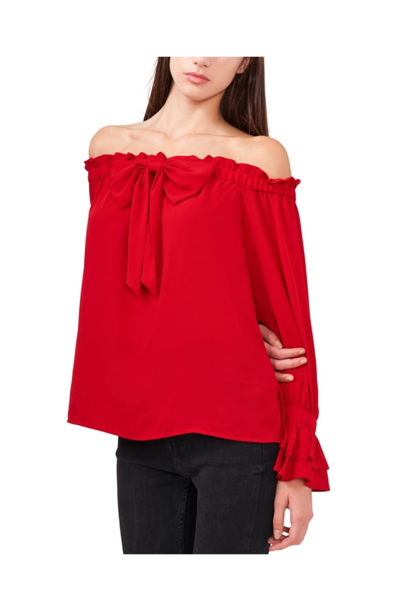 RILEY&RAE Womens Red Ruffled Unlined Bow Detail Sheer Long Sleeve Off Shoulder Blouse L