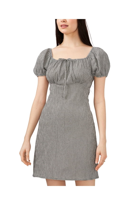 RILEY&RAE Womens White Smocked Tie Pullover Empire Waist Check Short Sleeve Square Neck Short Party Sheath Dress L