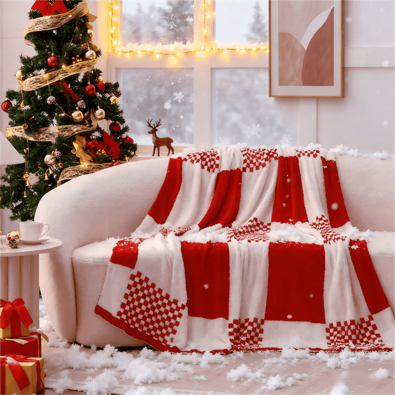 Red Checkered Throw Blankets for Christmas 50"x60", Buffalo Plaid Throw Blanket Ultra Soft Warm Premium Microfiber Yarn Blanket for Couch, Reversible Cozy Knitted Blanket