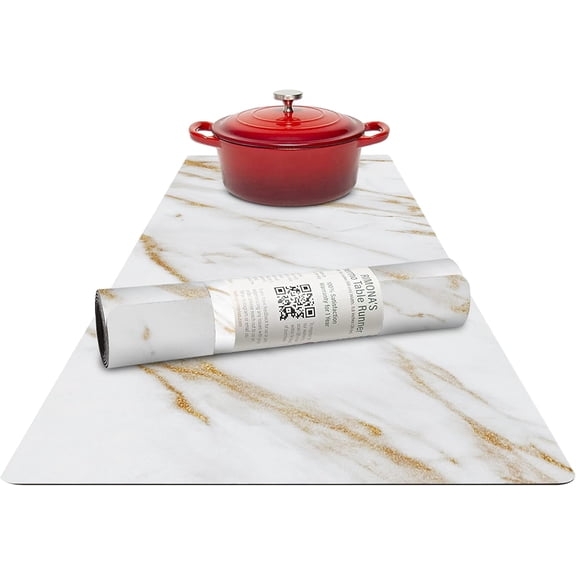 RIMONA'S Thermo Heat Resistant Table Runner and Trivet for Hot Dishes - Waterproof Hot Plates to Protect Table and Countertop - Kitchen & Dining 350F Heat Protector 40" - White Golden Marble