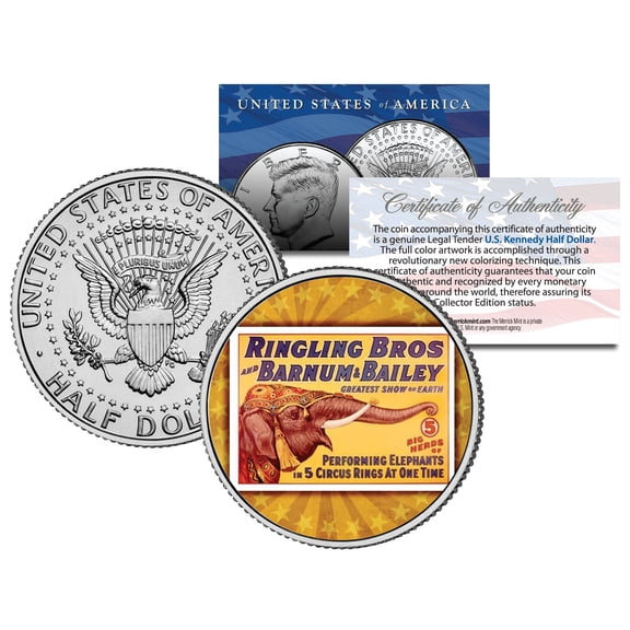 Ringling Bros & Barnum Bailey Circus Colorized JFK Half Dollar Coin, Elephant Design