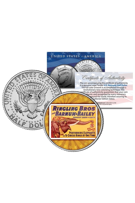 Ringling Bros & Barnum Bailey Circus Colorized JFK Half Dollar Coin, Elephant Design