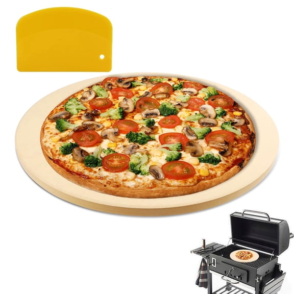 RIOFLY 16 inch Round Pizza Stone for Oven and Grill, 0.6 inch Thick Cordierite Baking Stone, for Crispy Crust, Bread and Cookies, with Scraper