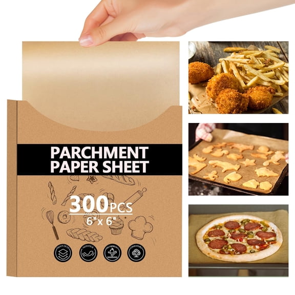 RIOFLY 300 Count Parchment Paper Sheets for Baking, 6x6 inch Precut Brown Heavy Duty Non-Toxic, for Burger Patty, Pastry, Cookie Baking and Sandwich Wrapping