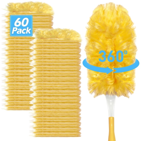 RIOFLY 60 count Yellow Heavy Duty Duster Refills, 360 Unscented Disposable Multisurface Dusters with 1 Handle for Home, Blinds, Fans, and Corners