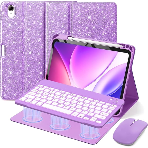 RIOFLY Purple iPad Case with Keyboard and Mouse for 11th Gen 11" 2025 A16 and 10th Gen 10.9" 2022, 7 Color Backlit Detachable Keyboard, 230h Battery, Glitter Cover with Pen Holder and 3-Angle Stand