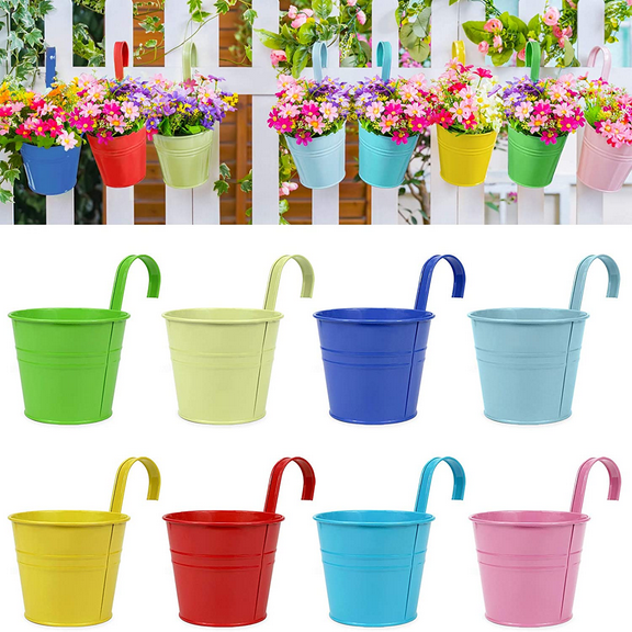 RIOGOO Flower Pots Hanging Flower Pots, 8 Colors Iron Garden Pots Balcony Planters Metal Bucket Flower Holders - Detachable Hook (8 Pcs)