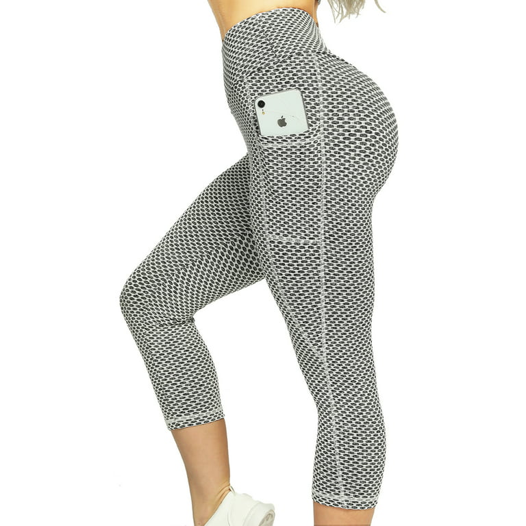 RIOJOY Womens High Waist Yoga Capris Tummy Control Pants with Pockets for  Workout Fishnet Gray L 