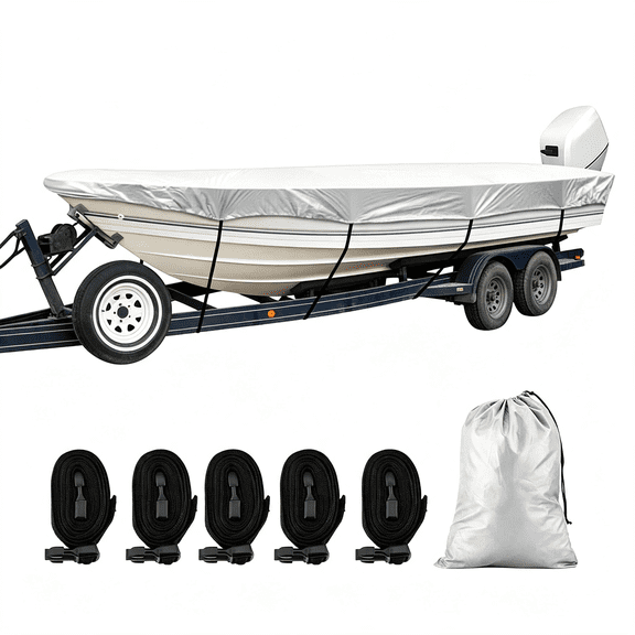 RIONIMA 12'-14' Trailerable Boat Cover Waterproof Anti-Uv Dustproof|Silver,210D,Boat Tarp Cover Fit Classic Boat Open Boat Deep V-Hull Fishing Boats Small Utility Boat and More