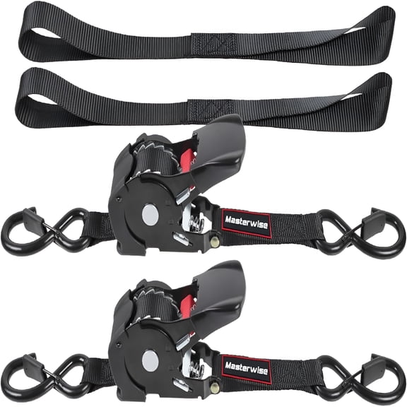 RIONIMA 12Ft Retractable Ratchet Straps,Motorcycle Tie Down Straps with S Hooks,Self Heavy Duty Ratchet Straps Include Loops for Trucks,Cargo,Motorcycles,Moving and Storage,2 Pcs