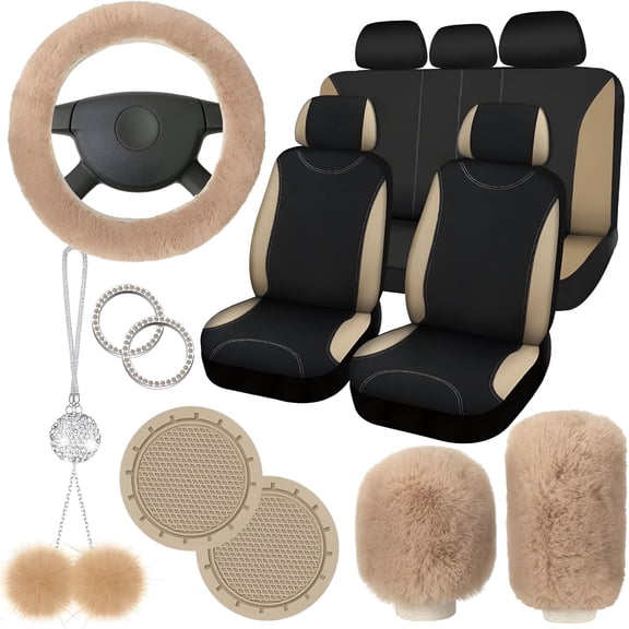 RIONIMA 17 Pcs Car Seat Cover Full Set, Winter Plush Steering Wheel Cover for Women, Universal Front Rear Seat Protector, Fluffy Handbrake Shift Boot, Beige Auto Interior Accessories