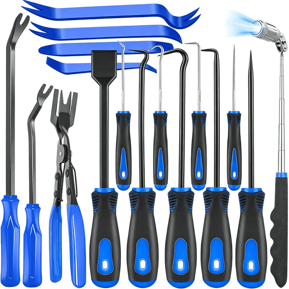 RIONIMA 17Pcs Mechanic Hook and Pick Tool Set&Car Trim Removal Kit with Fastener Clip Pliers,Rivet Puller,Magnetic Pickup,Gasket Scraper,Non-Scratch Plastic Pry Tools for Automotive Repair-Blue
