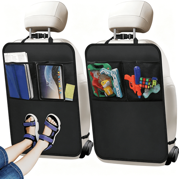 RIONIMA 2 Pack Kick Mat Backseat Protector,Back Seat Cover for Kids,Car Seat Back Protectors with 2 Pocket Storage Organizer for Car, Suv, Minivan Or Truck Seats (Black)