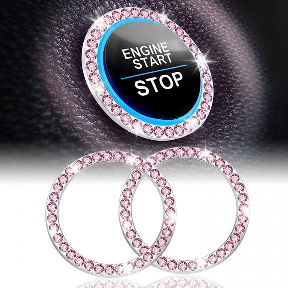 RIONIMA 2 Pcs Crystal Rhinestone Car Engine Start Stop Decoration,Ring Bling Car Interior Accessories for Women,Push to Start Button Cover Sticker,Automotive Decals,Pink