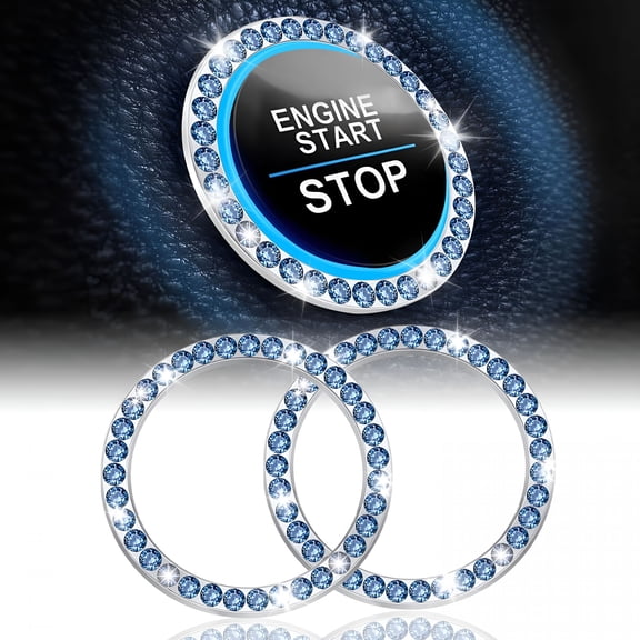 RIONIMA 2 Pcs Crystal Rhinestone Car Engine Start Stop Decoration Ring,Car Interior Accessories for Women,Push to Start Button Cover Sticker,Automotive Decals,Blue