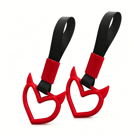 RIONIMA 2 Pcs Heart Shaped Car Handle Strap Rear Bumper Warning Ring Decor for Car Interior Exterior, Subway Bus Handle Accessory, Cute Heart Car Decor for Drivers (Red)