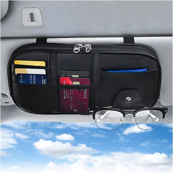 RIONIMA 2026 New Car Sun Visor Organizer,Sunglass Holder&Storage Pocket,Card Cash Pouch with Multi-Pocket Net Zipper,Case Bag for License Pen Key,Auto Interior Accessories for Suv,Van,Truck(Black)