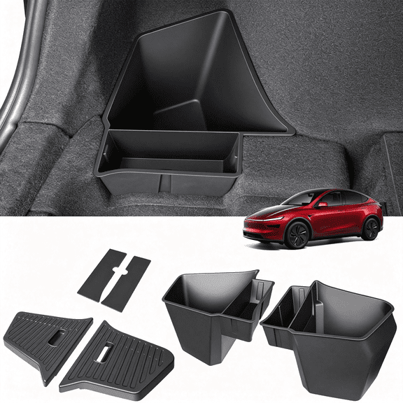 RIONIMA 2Pcs Rear Trunk Storage Bins with Lids for Model Y Juniper 5 Seater,Tpe Side Cargo Organizer Boxes Rear Trunk Containers for New Model Y 2025-2026 Accessories