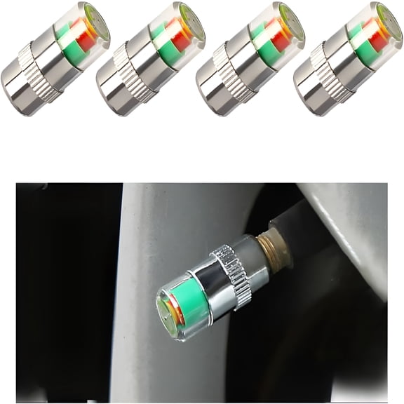 RIONIMA 4 Pcs Tire Pressure Monitor Valve Stem Caps,2.4Bar 36Psi Car Tire Pressure Monitor Sensor Indicator with 3-Color Eye Alert,Universal Valve Stem Caps for Cars(Silver)