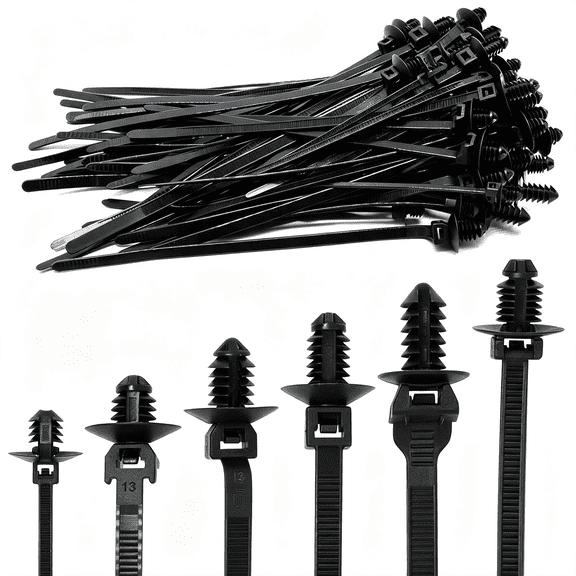 RIONIMA 60 Pcs Push Mount Zip Ties,Nylon Car Mount Wire Ties Snap in Cable Zip Ties,Black Push Mount Cable Ties Automotive Zip Ties Fastener Wire Harness Clips for Wire Tying (6-Types)