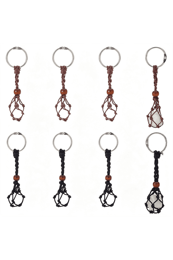 8Pcs 115Mm 2 Color Crystal Cage Keychains Stone Empty Holder Waxed Cotton Thread Cords Macrame Pouch Keychains Adjustable Gemstone Keychain Holder for Women Men Car Key Holder