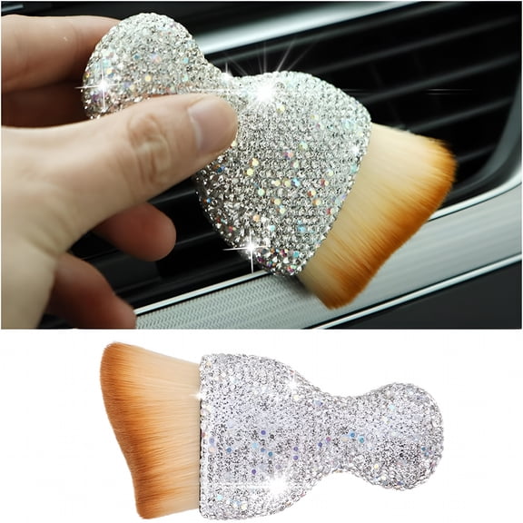 RIONIMA Auto Interior Dust Brush,Car Detailing Cleaning Brush with Diamond,Bling Handle Soft Bristles Dusting Tool,Scratch Free Dirt Clean Brushes for Vehicle Dashboard,Air Conditioner Vent (White)
