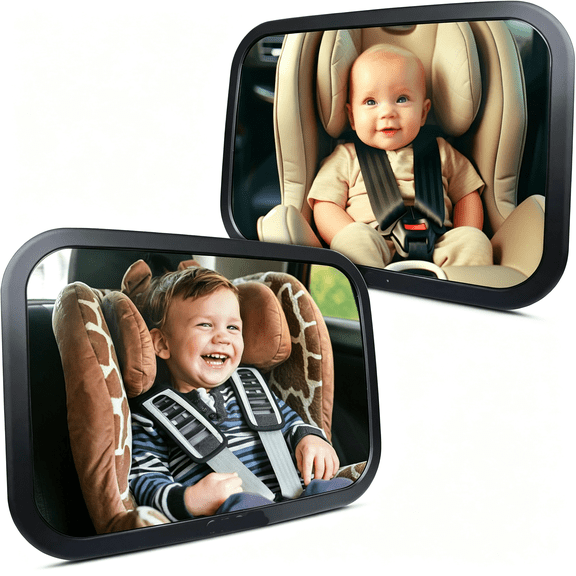 RIONIMA Baby Car Mirror Rear Facing(2 Pack)-100% Shatterproof&Shakeproof,Award-Winning Convex Car Mirror for Baby with 360 Rotation,Newborn Essentials(9.6X6.9 In)