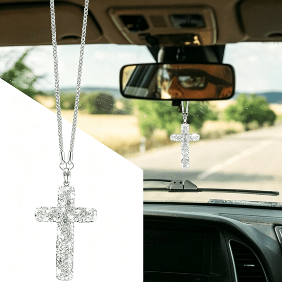 RIONIMA Bling Car Rear View Mirror Accessories Hanging Pendant,Cross Crystal Rhinestone for Car Mirror Hanging,Double-Sided Cross Diamond Religious,Interior Men Women Car Accessories