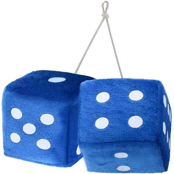 RIONIMA Blue and White Fuzzy Dice Pair, 3" Soft Decorative Hanging Dice with White Dots, Car Rear View Mirror Accessory