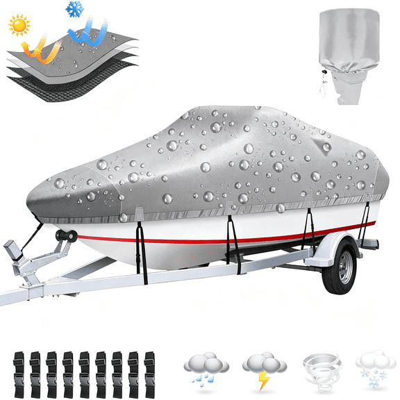 RIONIMA Boat Cover, 16'-18.5' Heavy Duty 1200D Polyester Canvas Trailerable Boat Covers, Uv Resistant Waterproof Bass Boat Covers with Motor Cover, Fits V-Hull Tri-Hull Boat, Runabout,Fish&Ski Boat