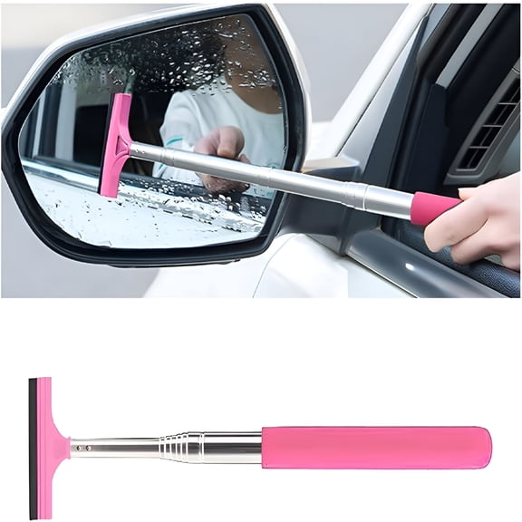 RIONIMA Car Side Mirror Squeegee,Anti-Fog & Water Retractable Vehicle Rearview Mirror Wiper with Telescopic Long Handle,Portable Auto Glass Cleaning Tool,Universal Fit (Pink)