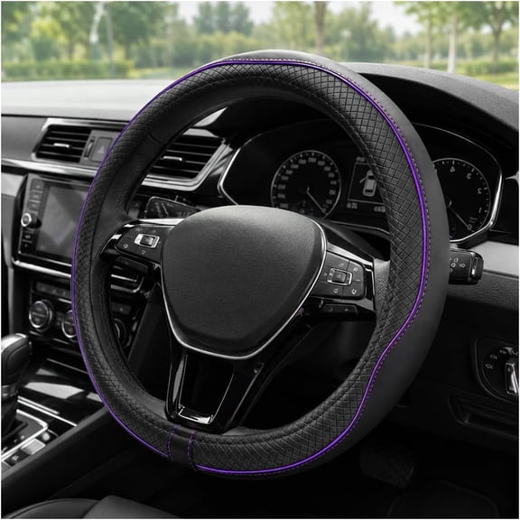 RIONIMA Car Steering Wheel Cover,15" Anti-Slip Breathable Leather Auto Steering Wheel Protector,Full Surround Soft Steering Wheel Cover for Men Women,Car Interior Accessories (Black & Purple)