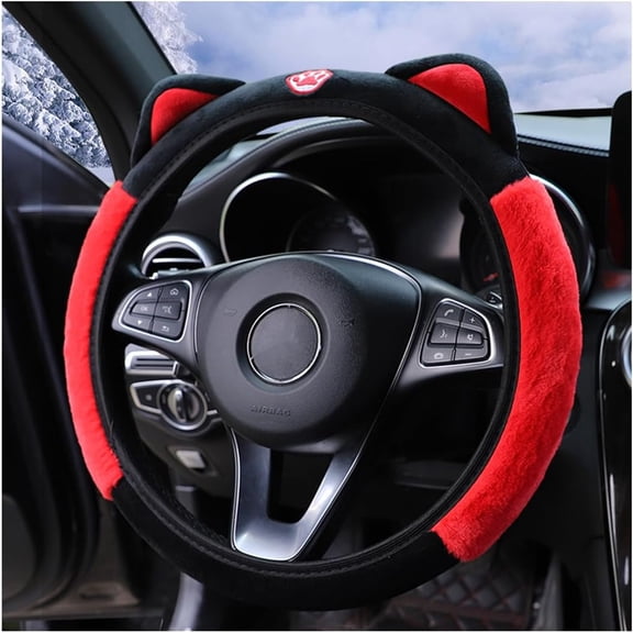 RIONIMA Car Steering Wheel Cover, Fluffy Soft Plush Cat Ears, Black/Red | Winter Warm Plush Steering Wheel Protector, Soft Fluffy Cat Ears, Cute Car Accessories for Women Girls, Universal Fit