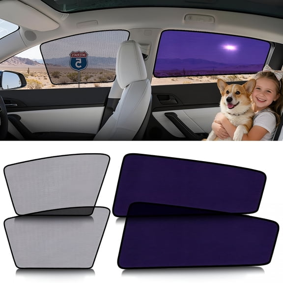 RIONIMA Car Window Shades 4Pack | Clear for Safe Driving | Bluish-Purple for Passenger Comfort | Uv Protection | Static Cling Side Window Sun Shade Blocker with Storage Bag |