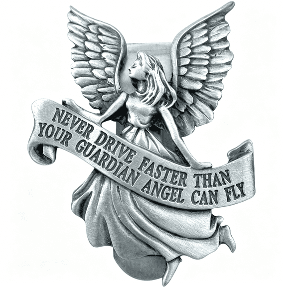 RIONIMA Guardian Angel Car Visor Clip,Pewter Religious Car Accessory,Never Drive Faster Than Your Guardian Angel Can Fly,Christian Gift for New Driver,2 Inch Silver