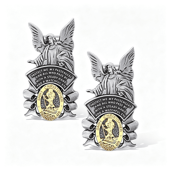 RIONIMA Guardian Angel Car Visor Clip, St Christopher Medal for Car Religious Sun Bless Driving Safety New Gift for Travel Protection Family, Friends, Colleague(2Pcs, Silver)