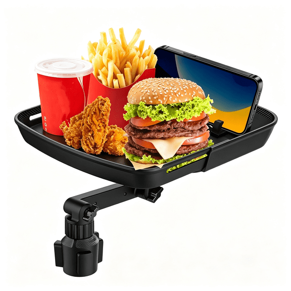 RIONIMA Larger Cup Holder Tray,10" Car Food Tray for Eating,Detachable 3 in 1 Car Cup Holder Expander and 360 Rotating Car Cup Holder Tray Table with Phone Holder,Road Trip Essentials
