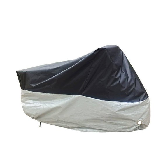 RIONIMA Motorcycle Cover Waterproof, Double-Layer Heat Insulated Bike Protector with Anti-Theft Lock Hole, Outdoor Storage Sun Shield, Black Silver, M