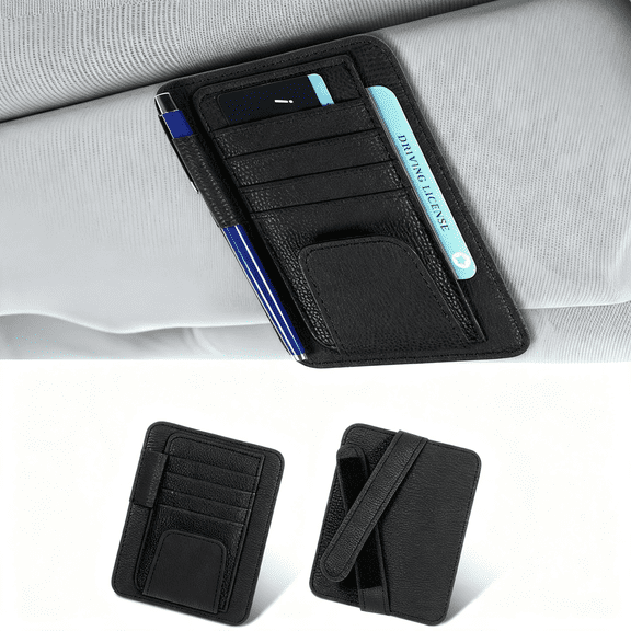 RIONIMA Small Leather Car Sun Visor Organizer and Insurance Card Holder, Auto Organizer, Multifunctional Auto Interior Accessories Storage Pocket for Card License Registration Document, Pen, Key