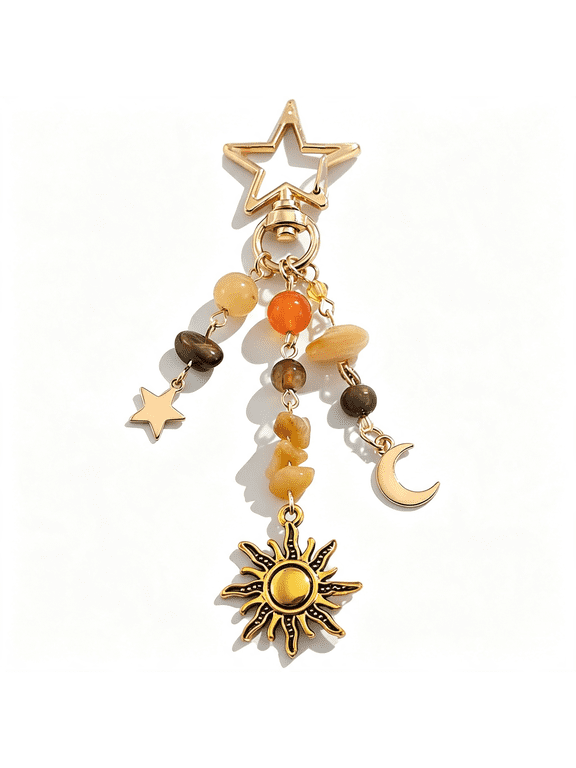 Sun Moon Star Keychain for Women,Gemstone Crystal Key Ring,Bohemian Tassel Purse Charm,Spiritual Astrology Gift for Bag Car Keys Elegant Purse Charms for Handbags
