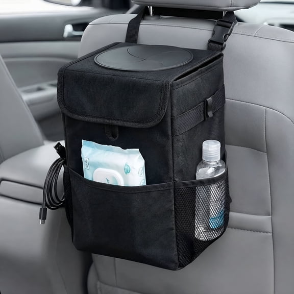 RIONIMA Waterproof Car Trash Can with Lid and Storage Pockets,Leakproof Auto Garbage Bin for Cars,Trucks & Suvs