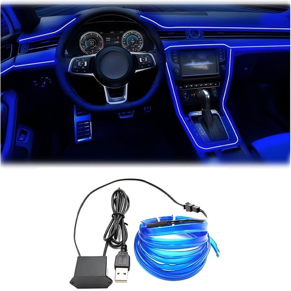 RIONIMA Wire Interior Car Led Strip Lights,16.5Ft Usb Neon Glowing Strobing El Wire Strip with 6Mm Sewing Edge,Ambient Lighting Kits for Car Inside Decorations(Blue)
