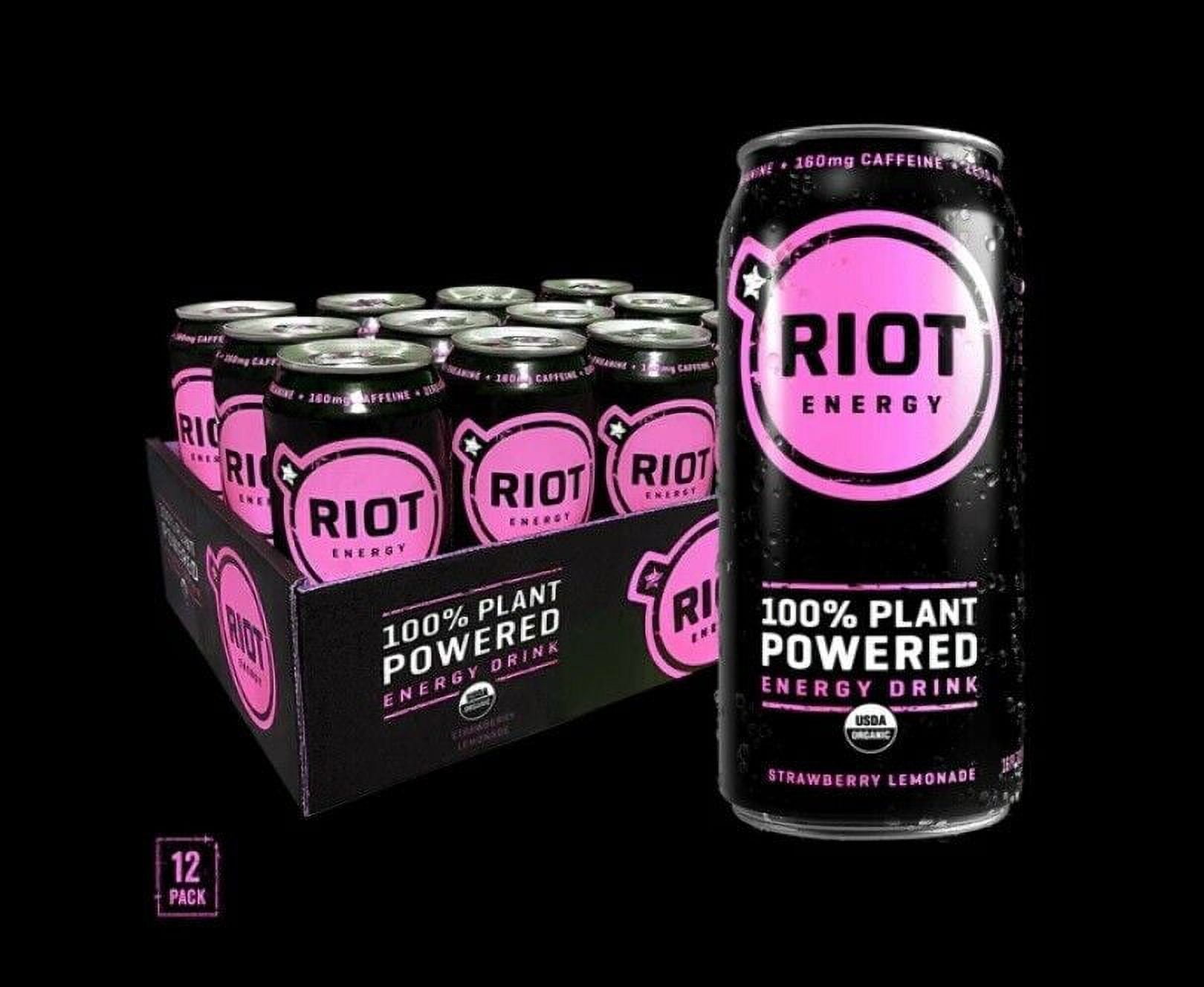 RIOT Energy 100 Plant Powered Energy Drink Strawberry Lemonade Organic 12 cans