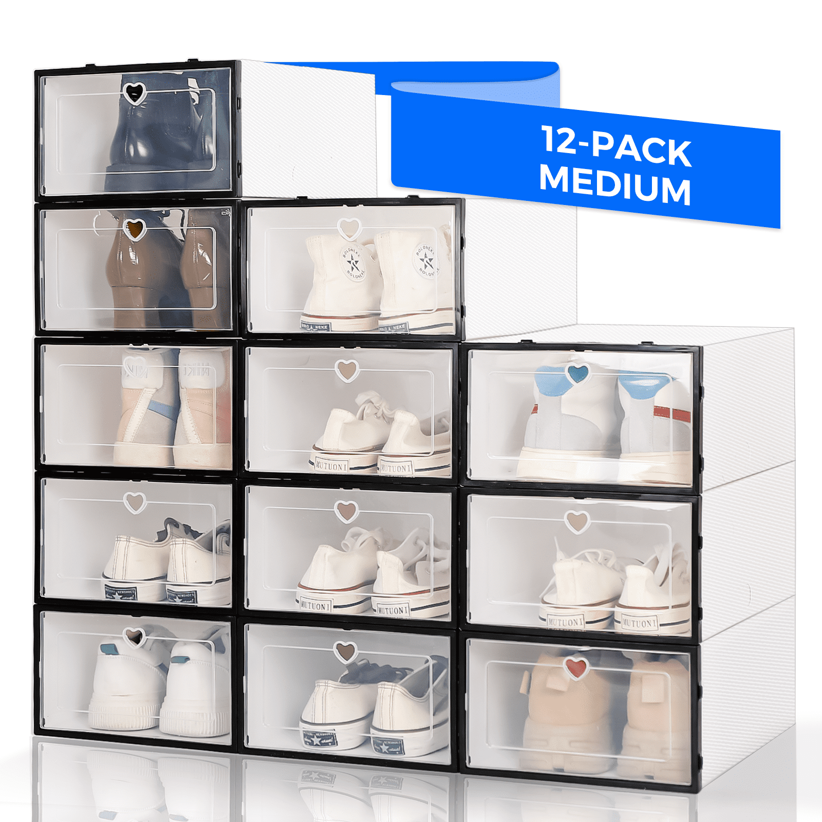 RIOUSERY Shoe Storage Box Set of 12, Clear Plastic Stackable Shoe Organizer  for Closet, Shoe Containers with lids, Space Saving Sneaker Containers