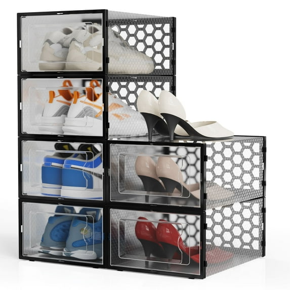 RIOUSERY Shoe Boxes Set of 6, Black Frame Clear Plastic Stackable Shoe Storage Organizer for Closet Entryway, Shoe Containers with lids