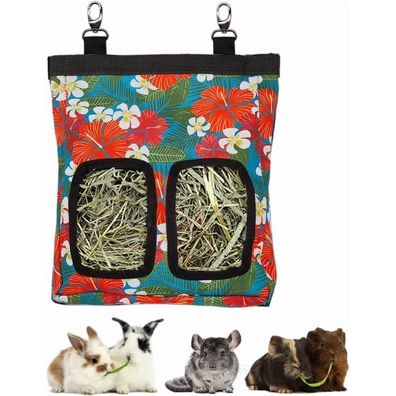 RIOUSSI Hanging Guinea Pig Rabbit Hay Feeder Bag for Bunnies Chinchillas, Bigflowers