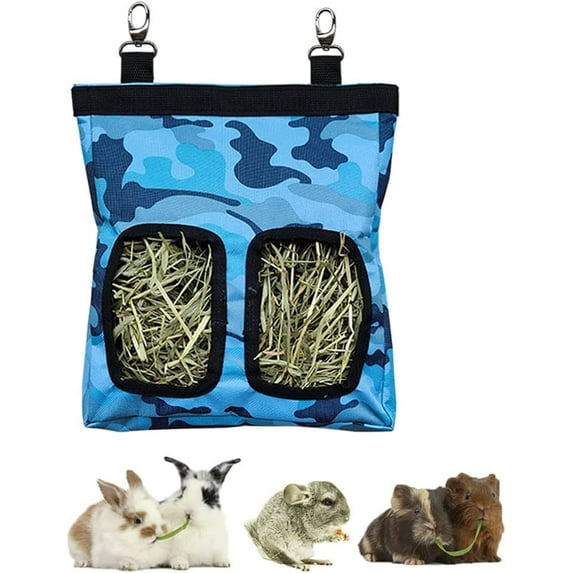 RIOUSSI Hanging Guinea Pig Rabbit Hay Feeder Bag for Bunnies Chinchillas, Camoblue